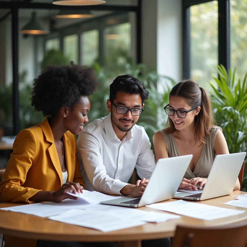 Equipo revisando artículos y estudios sobre comportamiento del consumidor en una mesa de trabajo